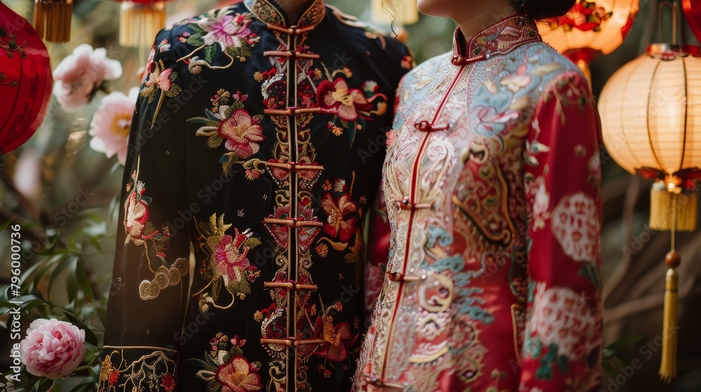 Stunning traditional Chinese wedding attire, detailed embroidery on silk dresses and suits, set against a backdrop of peonies and lanterns