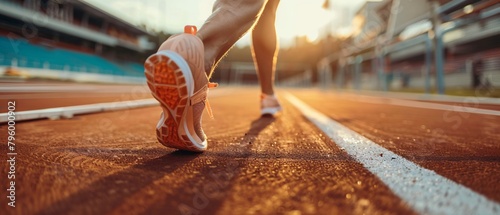 Close up legs of Athlete man running on racetrack at a stadium, Sprinter on the running track.  photo