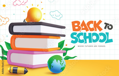 Back to school books vector design. Back to school greeting text with educational books reading materials elements for paper grid background. Vector illustration school greeting design. 
