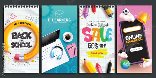 Back to school e learning vector poster set design. Back to school online education with laptop computer, mobile phone digital device, pencil and color elements educational out collection. Vector 