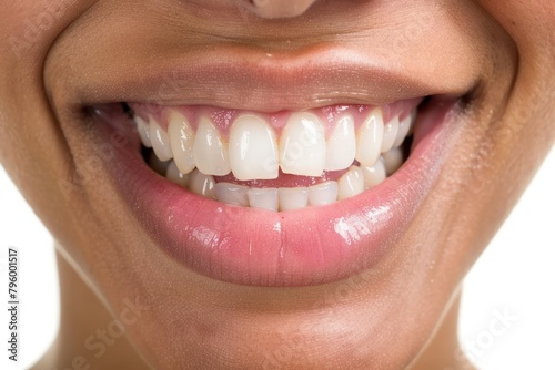 A close-up of a person's mouth revealing their pearly white teeth as they smile,