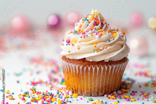 A close-up photo of a cupcake with a confetti-filled frosting, capturing the intricate details of the sprinkles.