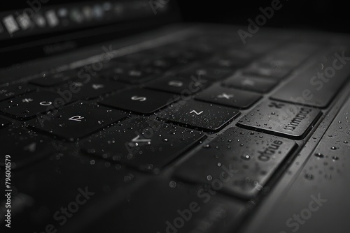 A close-up shot of a laptop keyboard with a blank screen in the background, emphasizing the well-worn keys and subtle dust particles.
