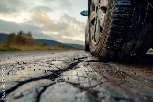A car tire is shown on a road with a cracked surface