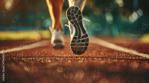 Close up legs of Athlete man running on racetrack at a stadium, Sprinter on the running track.  photo