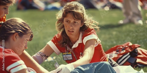 A nurse working at a sports event, providing first aid to an injured athlete on the sidelines, with medical bags and sports equipment around. 