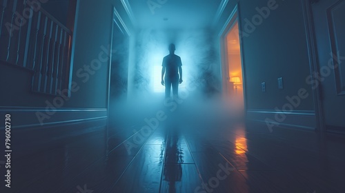Ghostly Encounter Haunting Figure in House Amidst Streaming Light