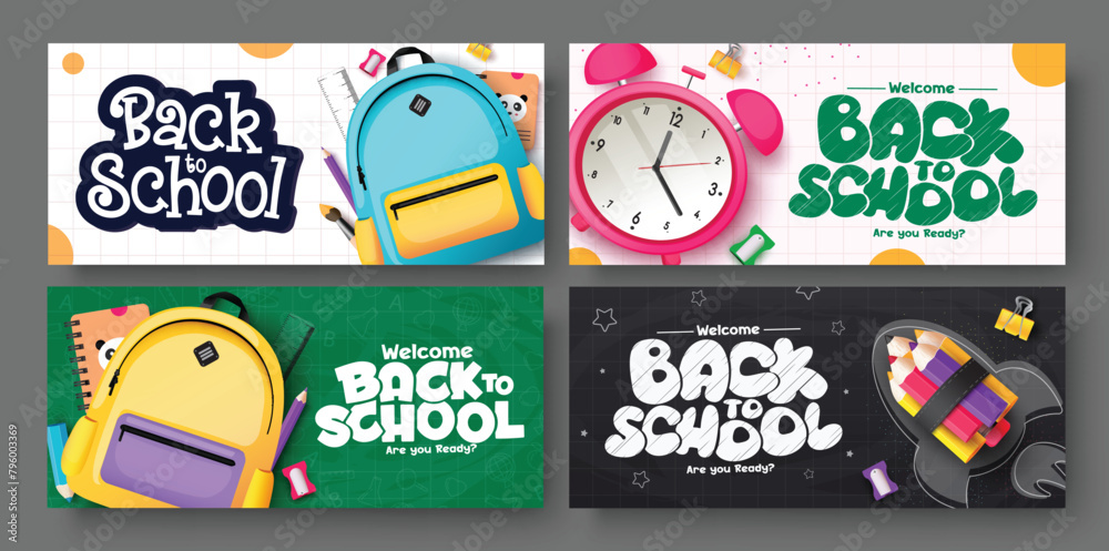 Back to school vector banner set design. Welcome back to school greeting text with student bag backpack, alarm clock and rocket ship educational materials for flyers lay out collection. Vector Back to school vector banner set design. Welcome back to school greeting text with student bag backpack, alarm clock and rocket ship educational materials for flyers lay out collection. Vector