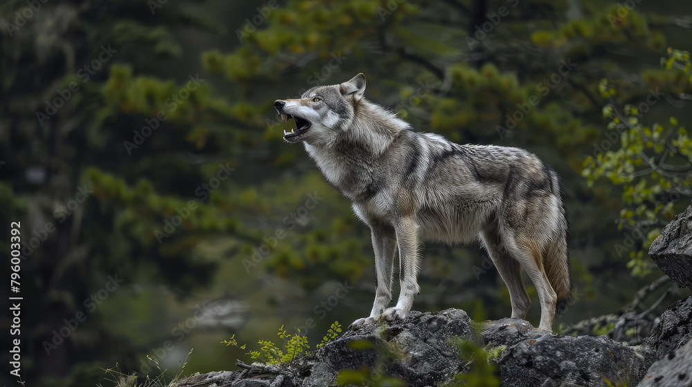 Grey wolf, Canis lupus, single mammal on rock, UK. Grey wolf, Canis lupus, single mammal on rock, UK.