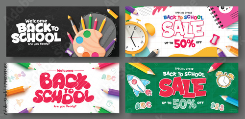 Back to school sale vector banner set design. Welcome back to school greeting text and promotion discount offer with educational elements lay out collection. Vector illustration school sale banner 
