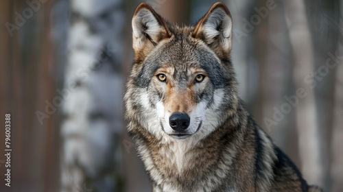 Portrait of a wolf in the forest. Canis lupus sign.