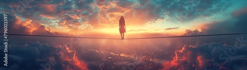 A businesswoman walking a tightrope over a city skyline, briefcase in hand, clouds swirling around photo