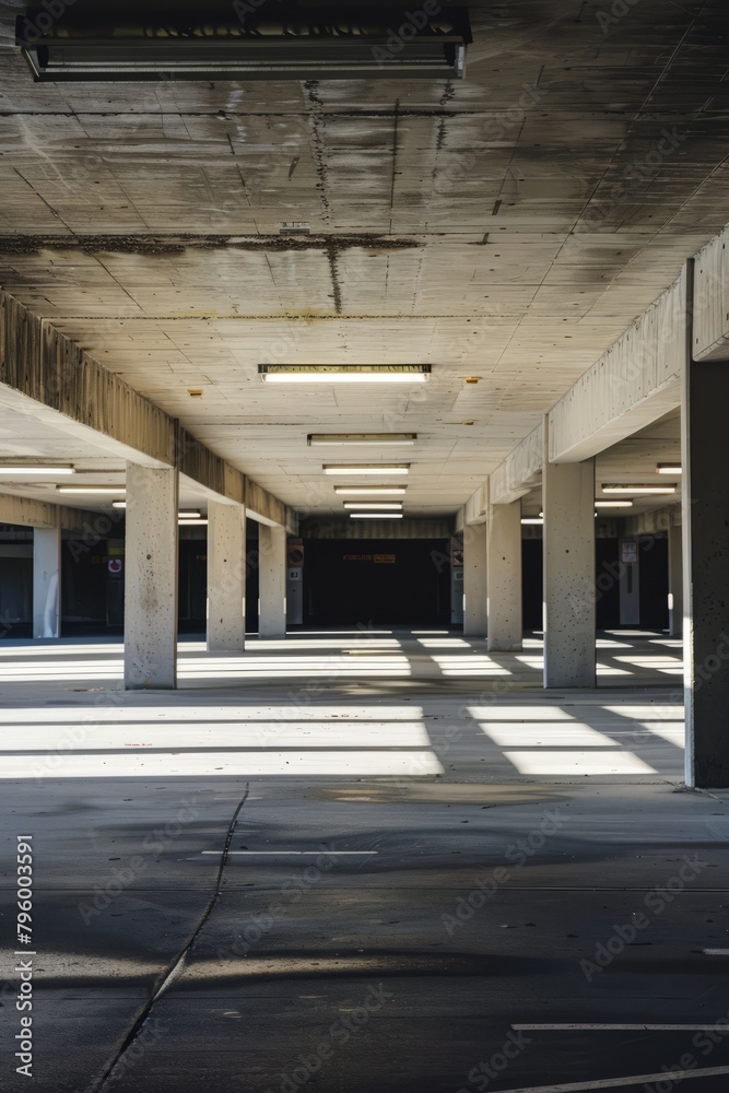 An empty parking garage with fluorescent lights casting shadows across the concrete pillars, Generative AI