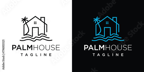 palm tree house logo vector illustration. Vector Logo Design Template Element with home line style.