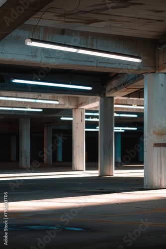 An empty parking garage with fluorescent lights casting shadows across the concrete pillars, Generative AI © ManusiaIkan
