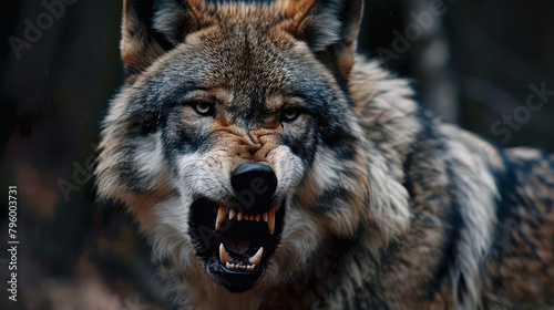 Portrait of a wolf in the forest. Close-up. threatened angry expression.