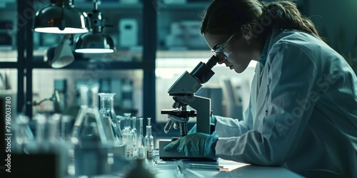A forensic nurse examining evidence in a well-lit lab, using a microscope and other forensic tools to help solve crimes.