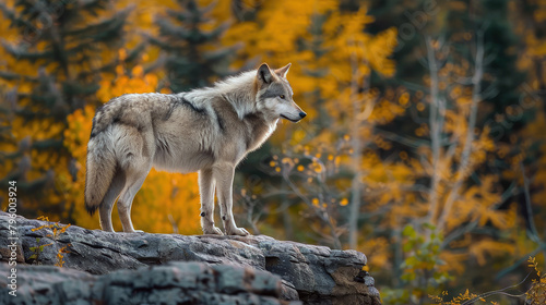 Lone wolf standing on a rock in autumn forest.
