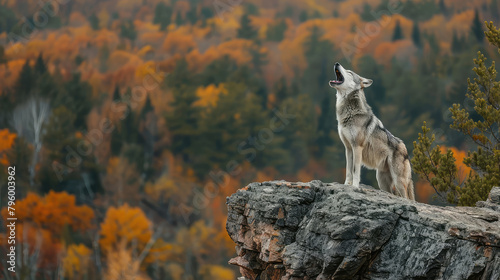 Grey wolf (Canis lupus) standing on a rock in the autumn forest.