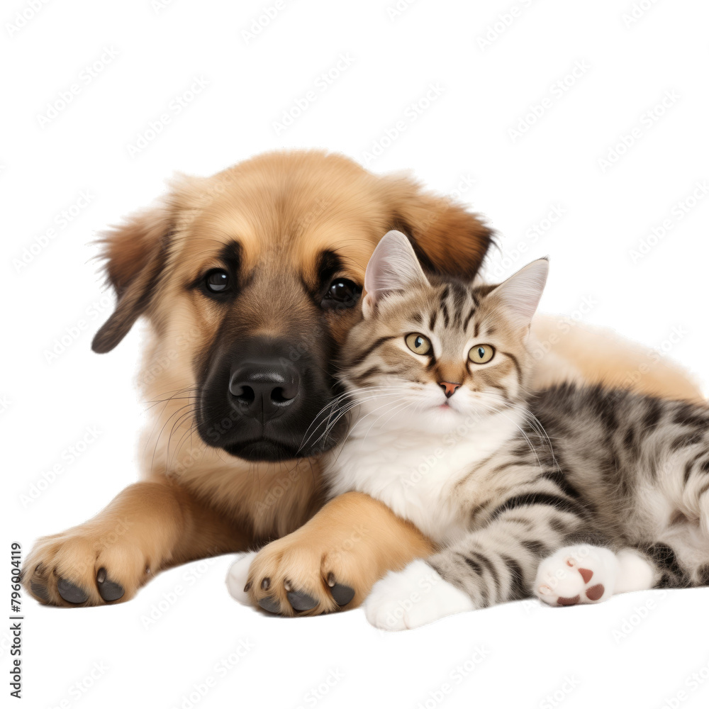 the dog and cat lie together isolated on white background