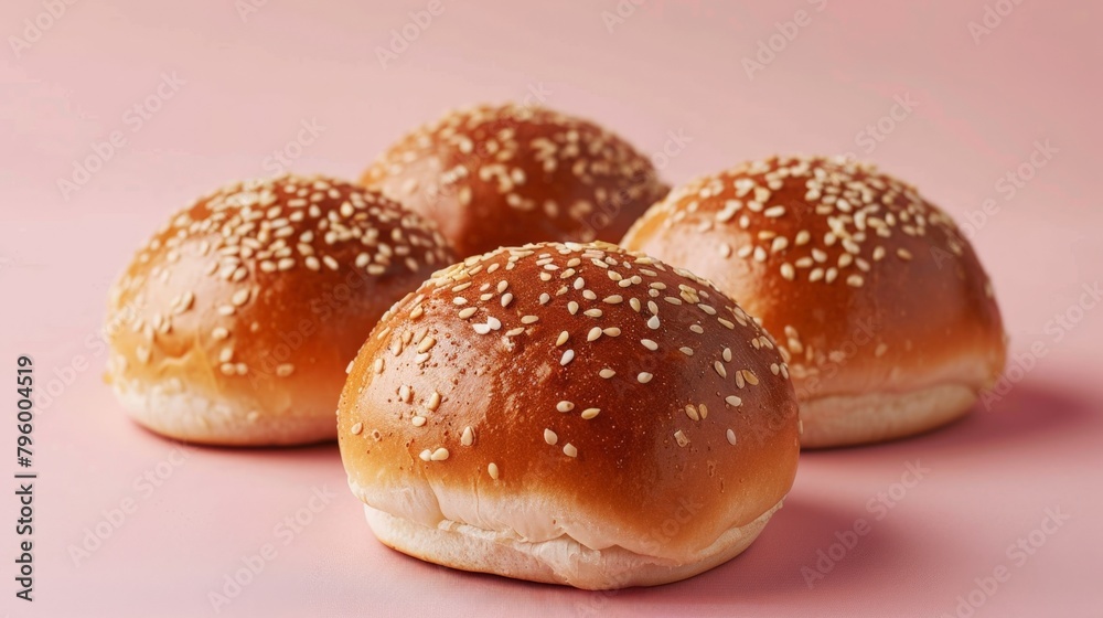 Three sesame buns with sesame seeds on pink background