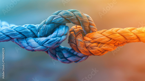 Connected and Tied Blue and Orange Ropes Representing Teamwork