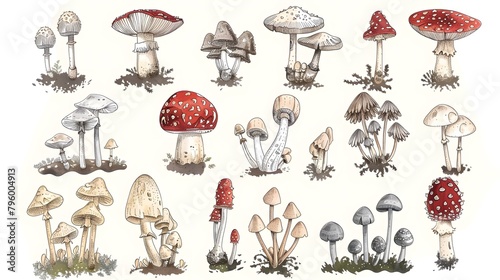 Poisonous mushrooms Vector illustration drawn by hand, family of inedible mushrooms Dangerous mushrooms, toadstool, fly agaric, white toadstool, family of mushrooms isolated on a white background photo