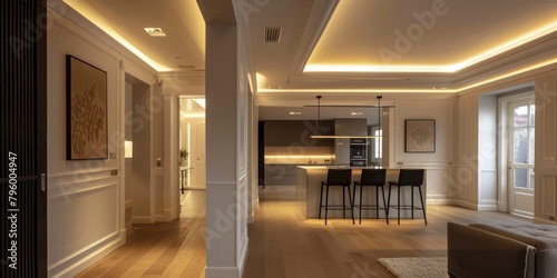 Accentuating Architectural Features with Lighting: Use lighting to accentuate architectural features of the apartment, such as coved ceilings or unique nooks,  photo