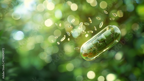 A closeup view of a probiotic supplement capsule open to reveal lactobacillus bacteria with a blurred green natural background photo