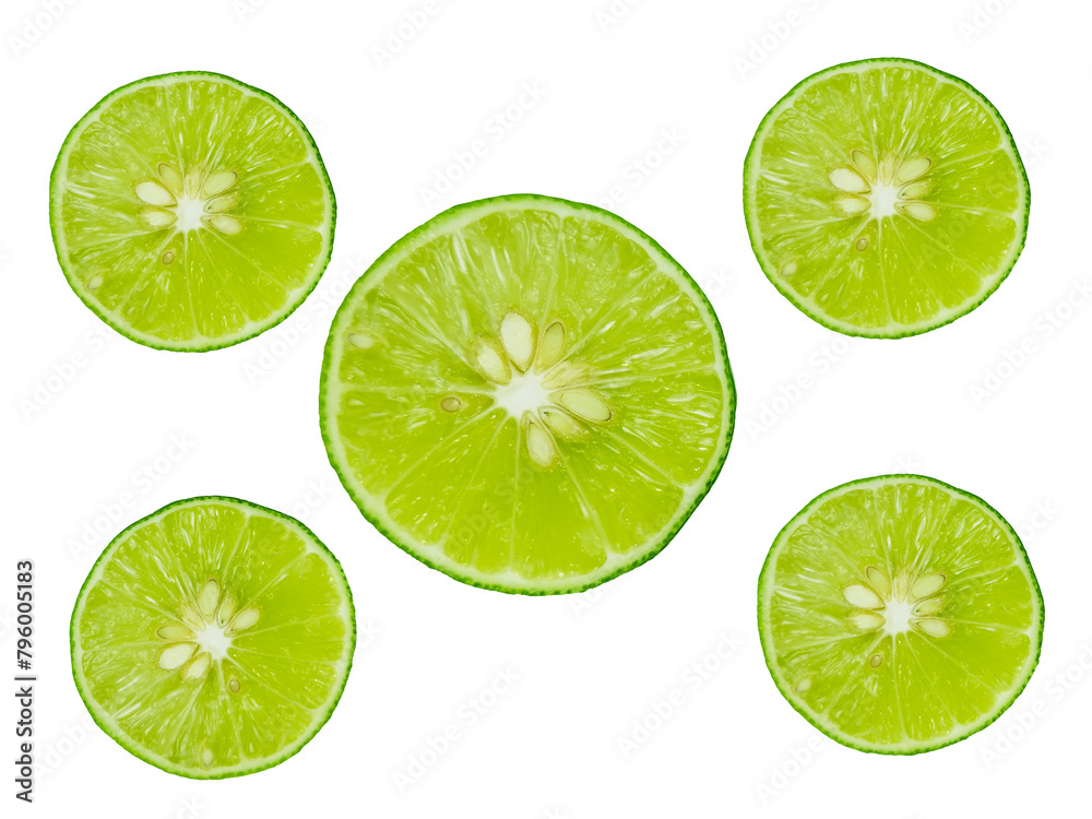 Green lemon slices isolated with clipping paths on white background in top view