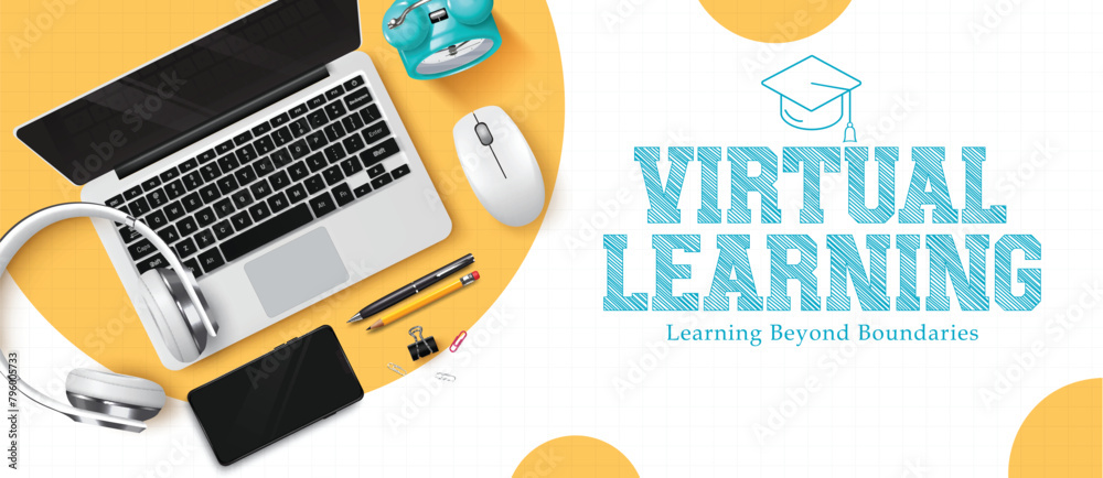 Obraz premium Virtual learning education vector template design. Back to school virtual learning text with laptop digital device for educational e learning background. Vector illustration virtual learning template