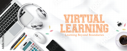 School virtual learning vector template design. Back to school virtual learning text with laptop and headphone digital device for educational e learning background. Vector illustration virtual 