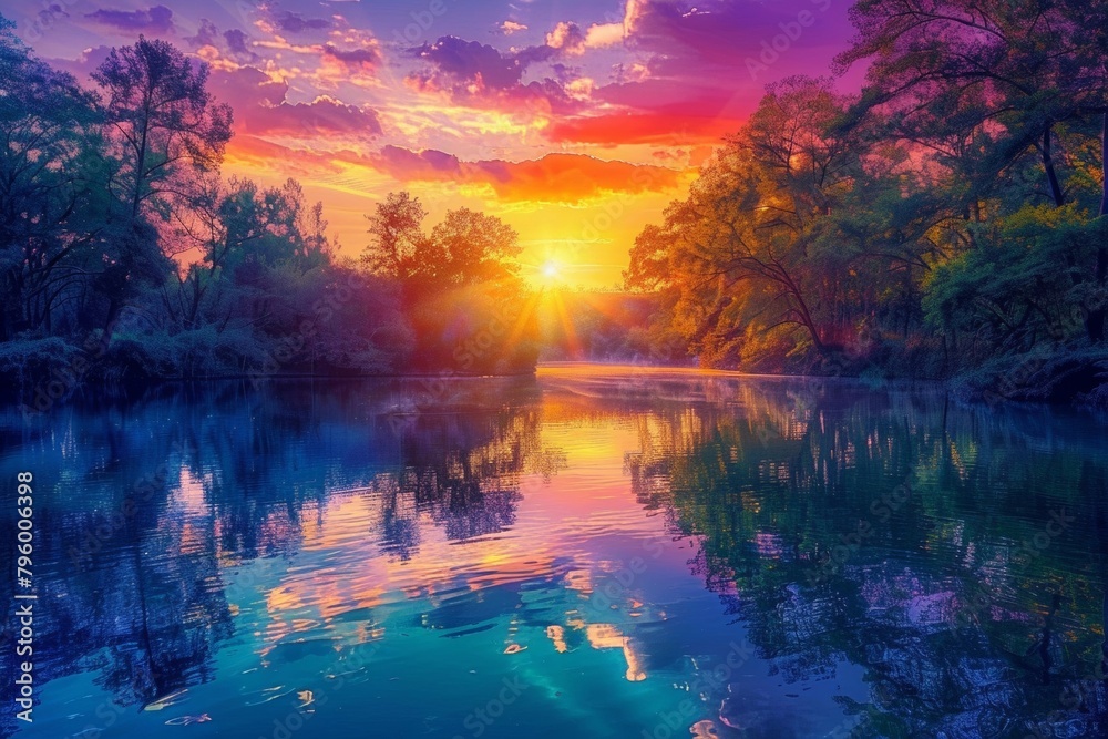 The lake reflects the colors of the sunset. - obrazy, fototapety, plakaty 