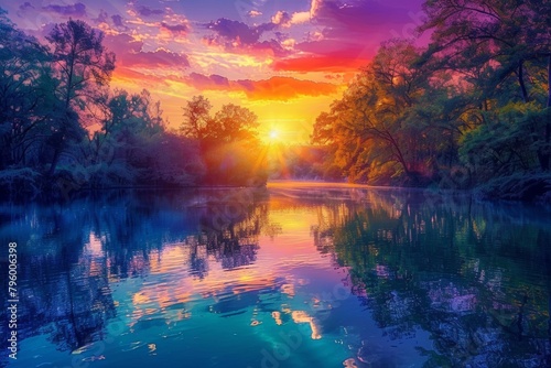 The lake reflects the colors of the sunset.