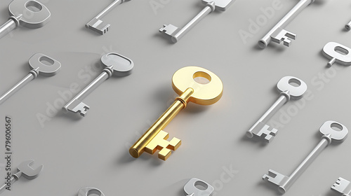 Golden Key Standing Out Among Silver Keys on a White Surface