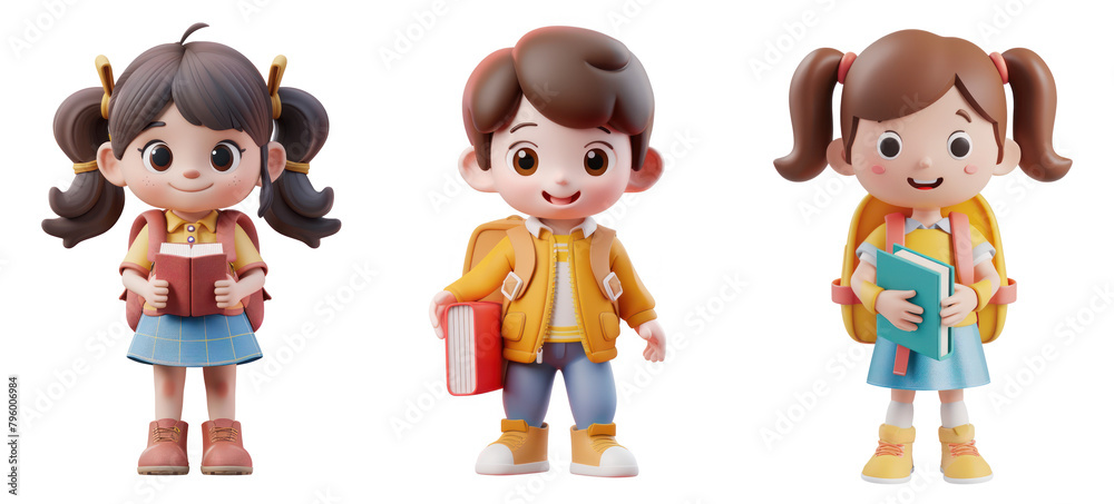 Set of full body of cute 3d smiling little boy holding book and wearing school backpack on transparency background PNG
