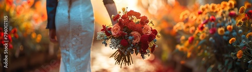 Elegant couple holding hands while walking through a vibrant farmers market, fresh flowers in hand