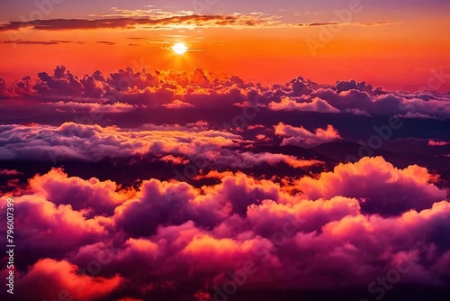 Colorful dramatic sunset sunrise, orange clouds sky