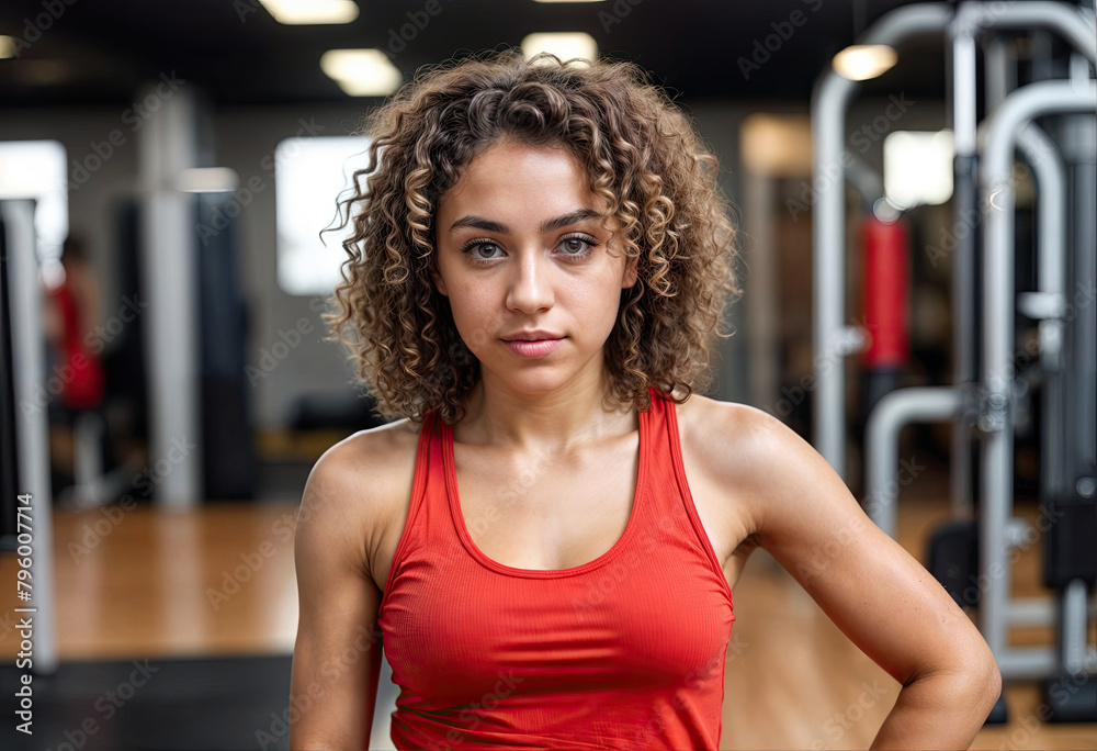 Stunning Woman with Naturally Curly Hair Working Out at the Gym