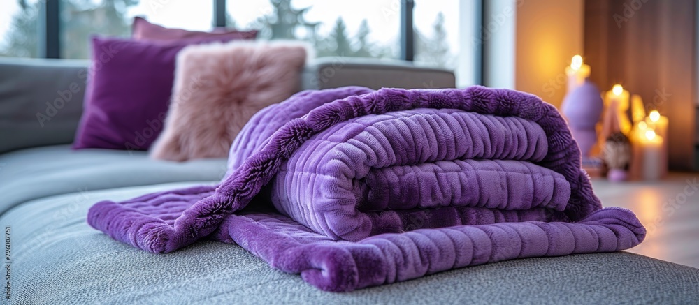 Naklejka premium A cozy purple blanket is draped over a couch, with flickering candles in the background adding a warm glow