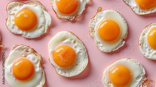 A pattern of fried eggs on clean backdrop with space for text or a product background of food with beautiful seamless pattern, Generative AI.