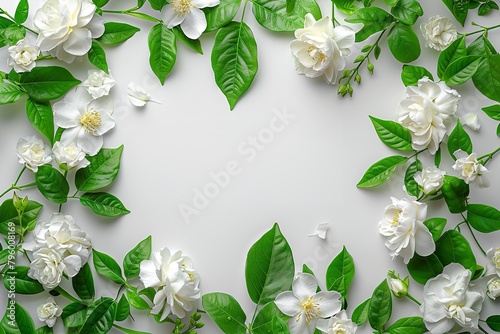 Top view of white gardenia on plain white backdrop decorated like a frame and a big space for text or product advertisement background, Generative AI. photo