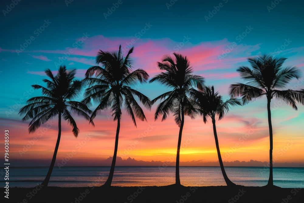 Row of Palm Trees Silhouetted Against The Colorful Sky During Golden Hour, With The Ocean Shimmering in The Background, Generative AI