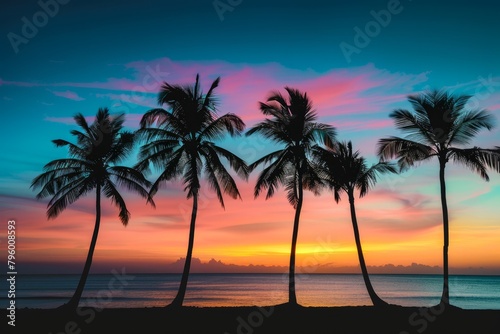 Row of Palm Trees Silhouetted Against The Colorful Sky During Golden Hour, With The Ocean Shimmering in The Background, Generative AI