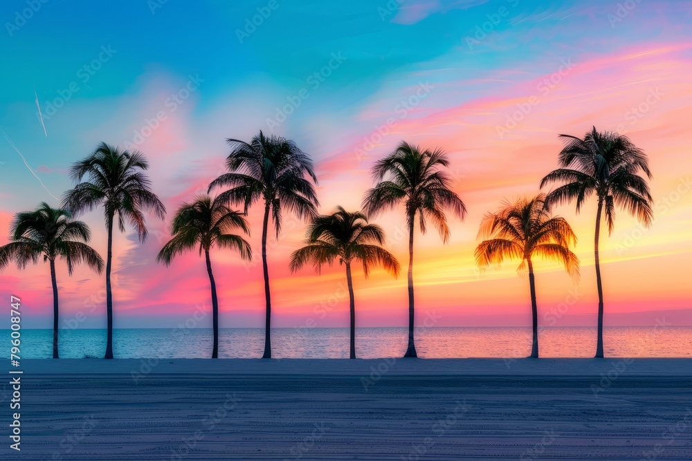 Row of Palm Trees Silhouetted Against The Colorful Sky During Golden Hour, With The Ocean Shimmering in The Background, Generative AI Row of Palm Trees Silhouetted Against The Colorful Sky During Golden Hour, With The Ocean Shimmering in The Background, Generative AI
