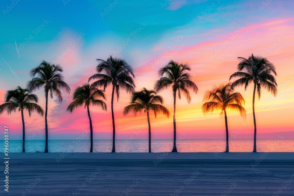 Row of Palm Trees Silhouetted Against The Colorful Sky During Golden Hour, With The Ocean Shimmering in The Background, Generative AI