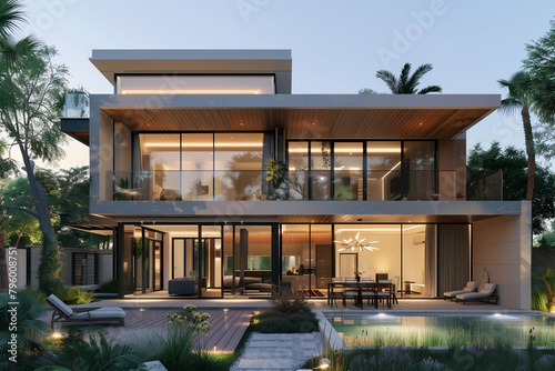 Modern luxury minimalist cubic house with pitched roof, villa with wooden cladding and panel walls and landscaping design front yard. Residential architecture exterior with pool.