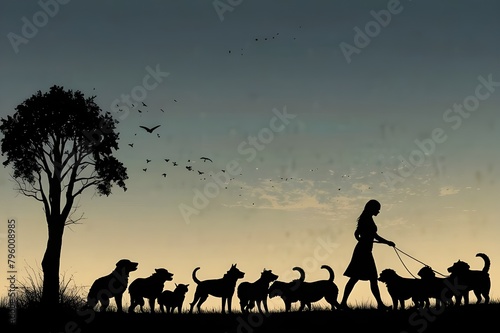 Foreground silhouette of a woman walking many dogs with all elements as separate.generative.ai