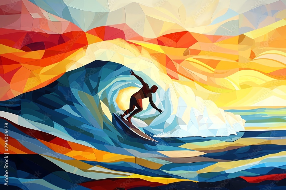 Illustrate a cubist portrayal of a surfer conquering a monumental wave, utilizing a fractured composition in primary and secondary colors to emphasize speed and fluidity Illustrate a cubist portrayal of a surfer conquering a monumental wave, utilizing a fractured composition in primary and secondary colors to emphasize speed and fluidity