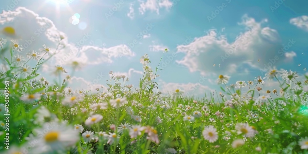 flowers, springï¼Œouting, with white clouds, green grass, using a soft gradient color scheme, 
